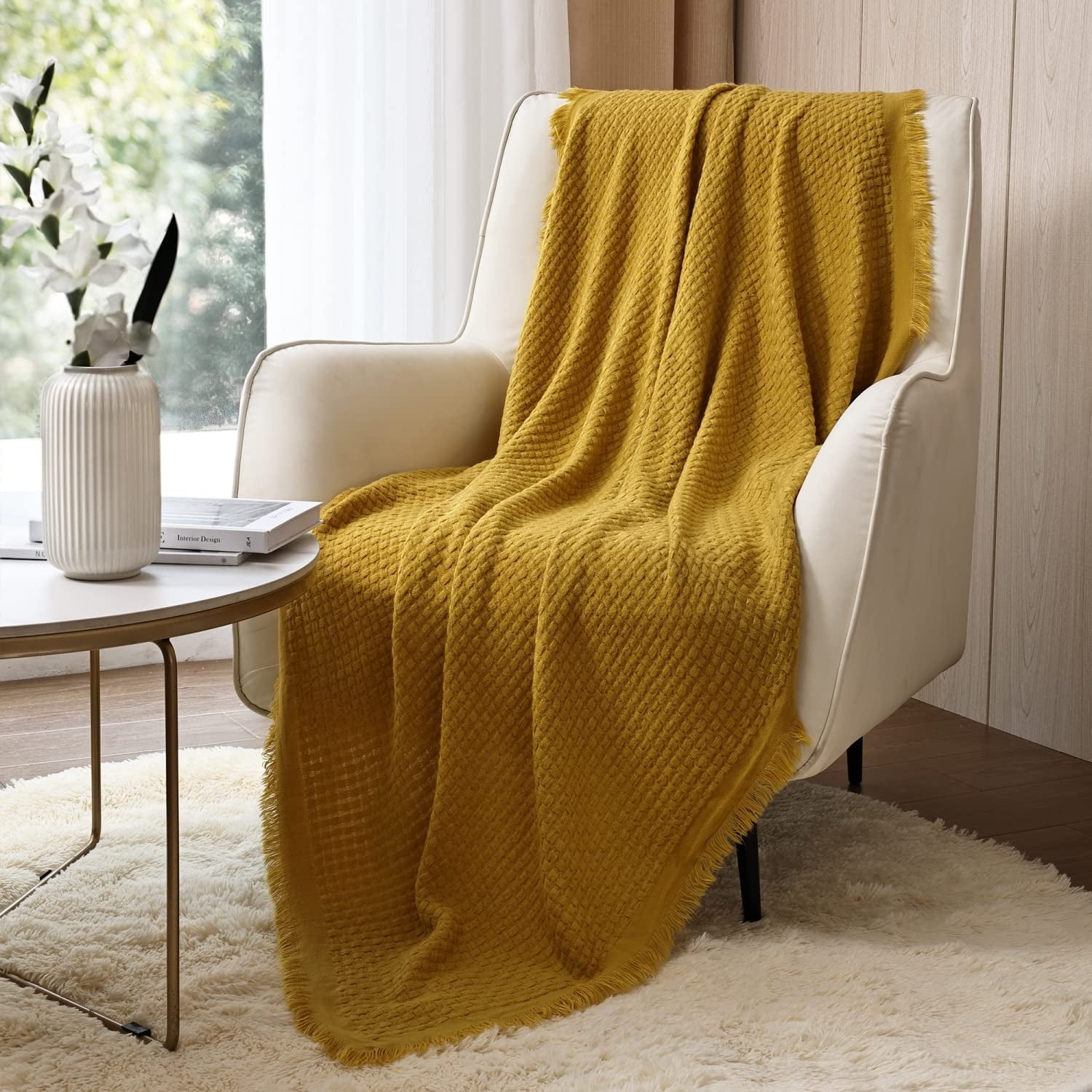 CREVENT Roest Gebreide Deken voor Bank Bank Stoel Bed Woondecoratie Zacht Warm Gezellig Lichtgewicht Lente Zomer Herfst (127,8 X 152,4 cm Karamel / Bruin / Verbrand Oranje) CREVENT Bedden en Dekens Geel