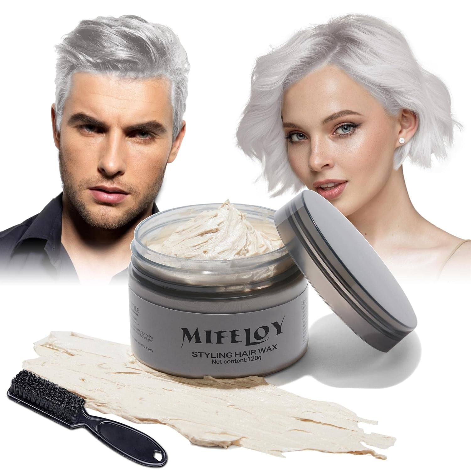 4.23oz Paarse haartint Tijdelijke haarkleur met borstels, Heren Dames Styling Haartoonwas, Instant Haarcrème Modder Natuurlijk Kapsel Pommade, DIY Cosplay Halloween Haarwas Haarverf Naty Shop Wit