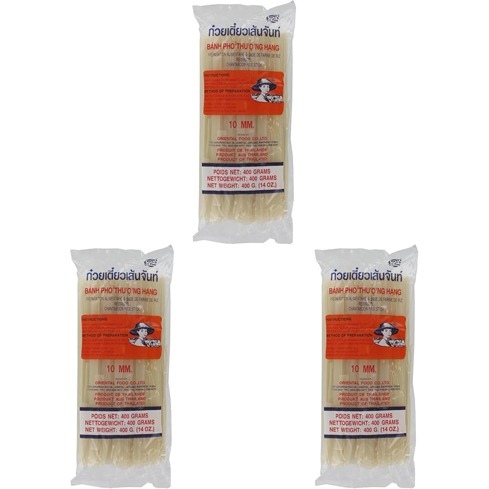 Rijstnoedels - Thaise, 10 mm brede rijstnoedels, gemaakt van rijstmeel, recht - 1 x 400 g (pak van 3)