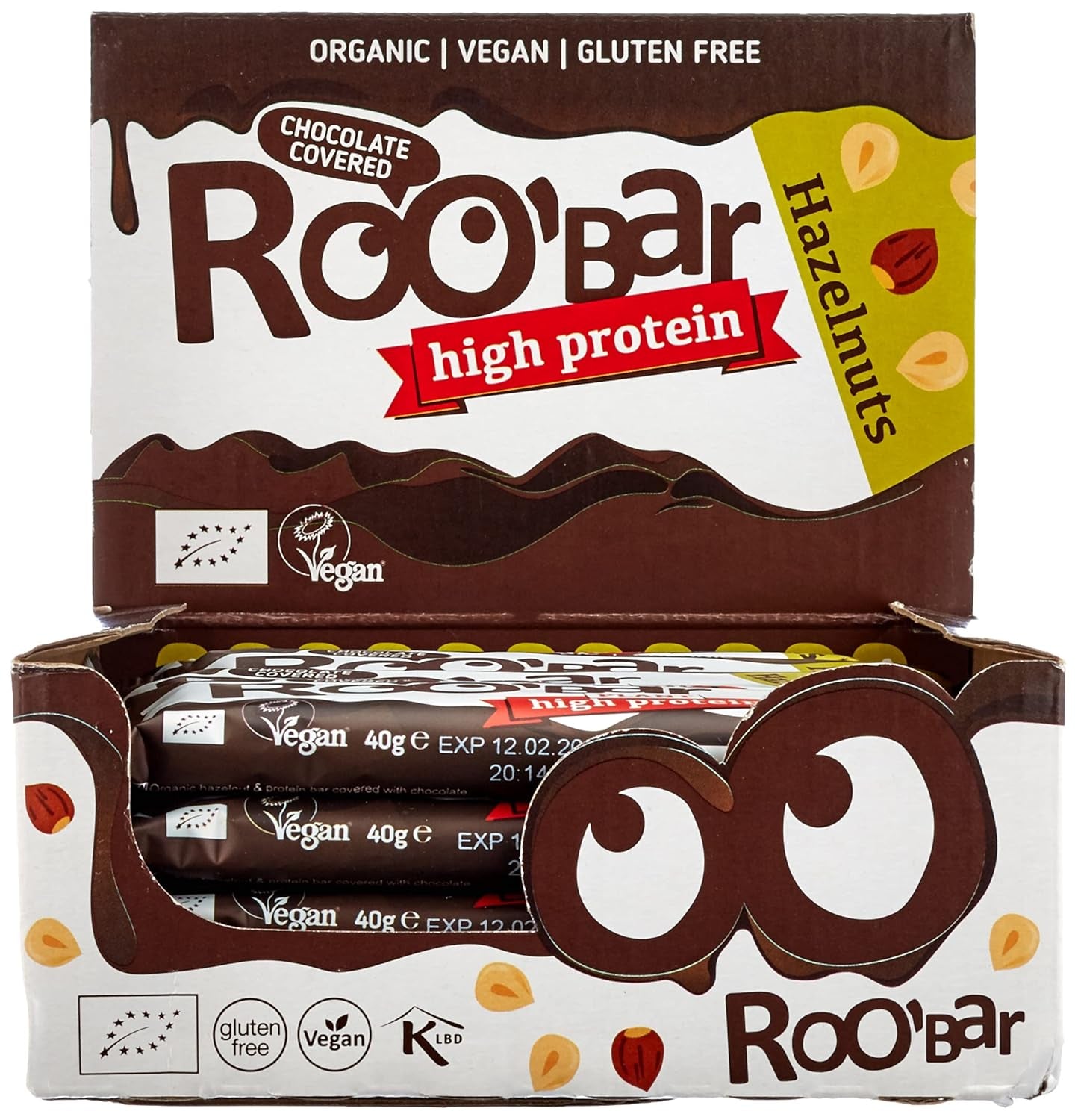Eiwitrijke chocolade geglazuurde hazelnootrepen - 100% biologisch, veganistisch, fruitrepen, zuivelvrij, glutenvrij, geraffineerde suikervrij - 16 repen x 40 g