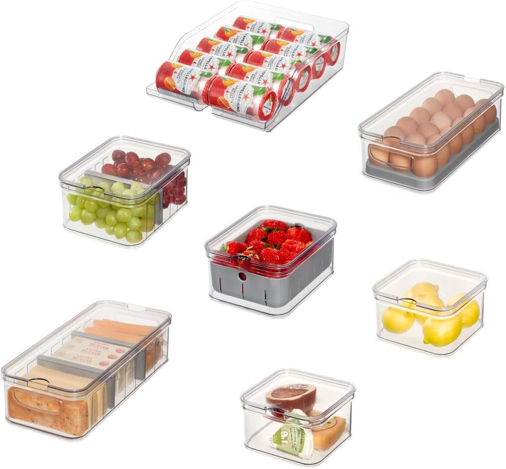 iDesign opbergdozen, koelkastorganizer met deksels in een set van 5, gerecyclede plastic voedselopslagdozen voor het organiseren van verbruiksartikelen, helder en wit Naty Shop voedselopslagdozen transparant, grijs set van 7