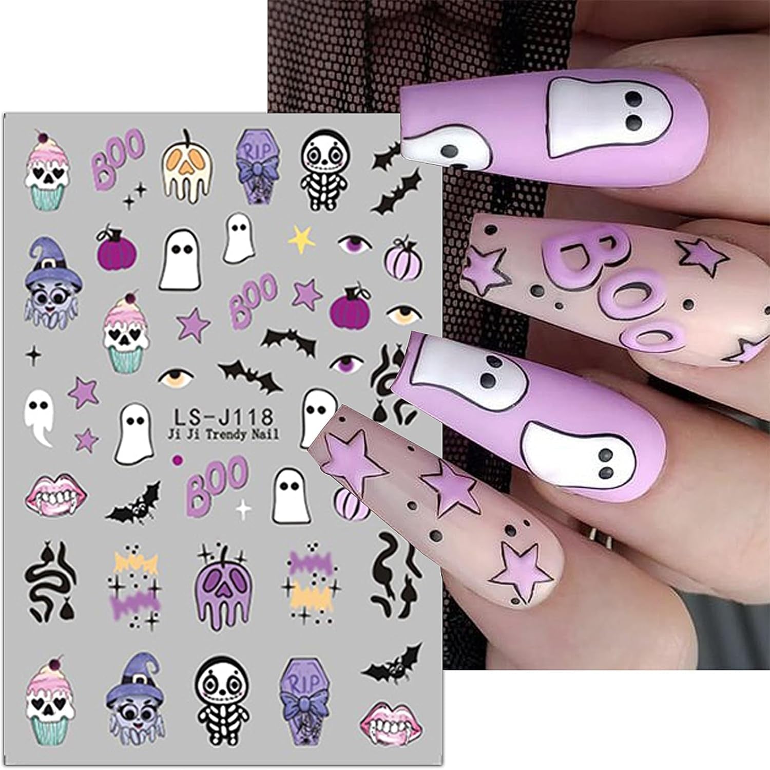 JMEOWIO Nagelsticker Halloween Süßer Geisterkürbis 9 Blatt Nail Art Sticker Selbstklebend Nagelaufkleber Decoratie Nageldesign Zubehör