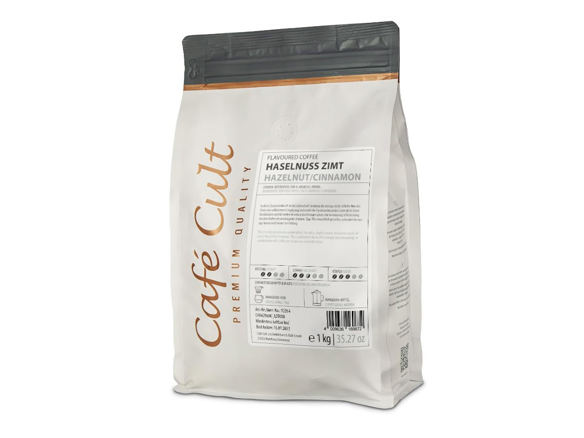Koffie "Hazelnoot met Kaneel" in een zak van 1 kg, hele bonen, gearomatiseerd 1 kg.