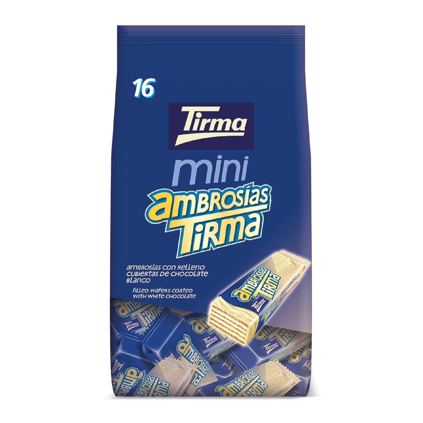 Tirma Mini Wafeltjes Witte Chocolade | (16 stuks x 13,5 g), 216 g | Fijne crèmevulling | Niet-GMO | Geschikt voor vegetariërs | Individueel verpakt | Verpakt tussendoortje