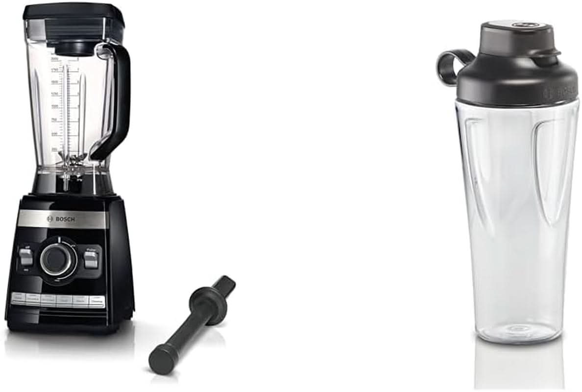 Bosch Standmixer Vitaboost MMBH6P6BDE, 6-Klingen-Edelstahlmesser, 2.5L Tritan-Mixbehälter, Stopfer, 6 Automatikprogramme, Rezeptbuch, Bpa-Frei, Einfache Reinigung, 45.000 U/Min, 1600 W, Schwarz Kucatarie Naty Shop Bundle Mit Flasche 6 Automatikprogramme Deutsches Rezeptbuch