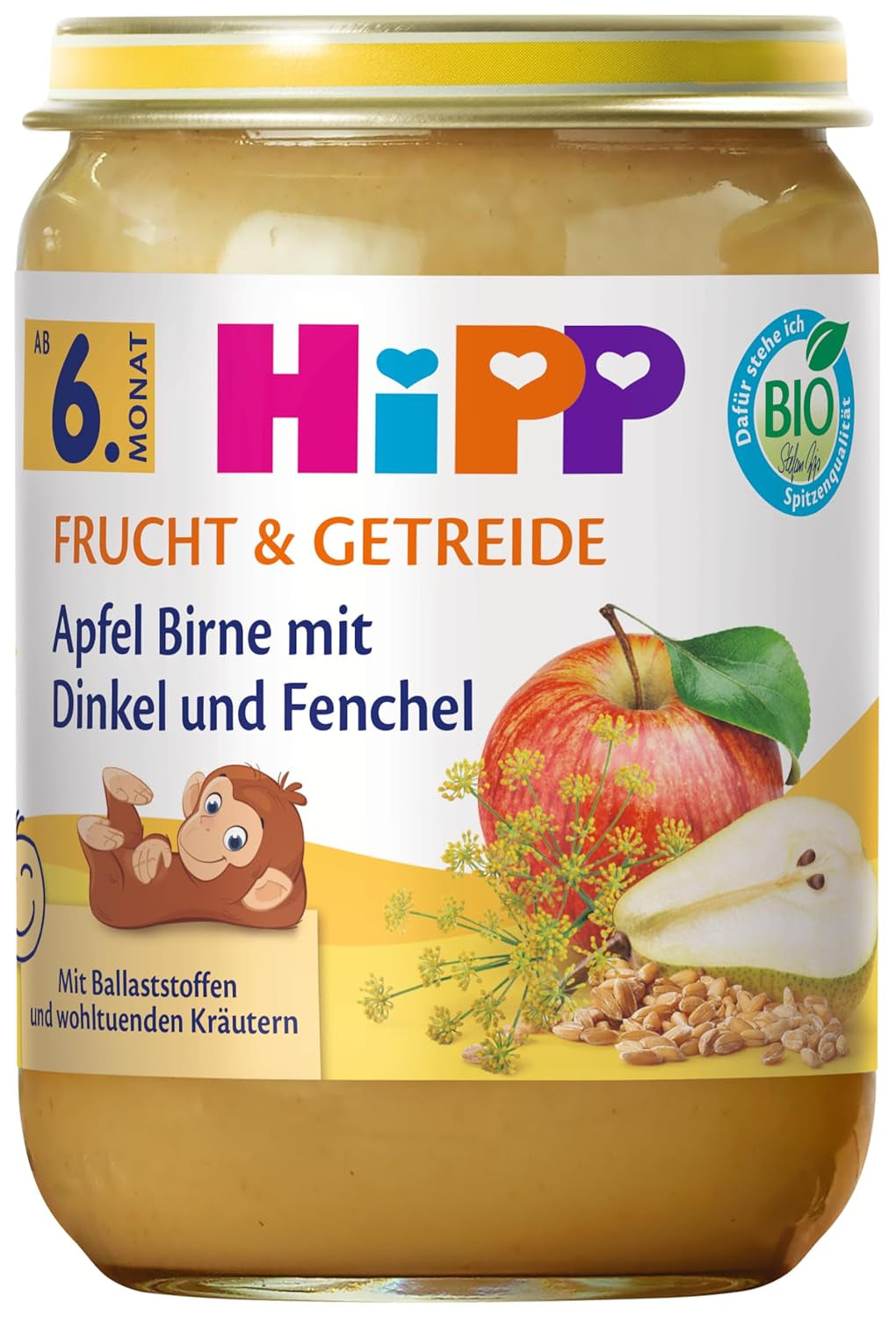 HiPP Bio Apple Birne met Dinkel en Fenchel (6 x 190g), ab 6. Monat, met Bio-Vollkorngetreide en wohltuenden Kräutern, nur natuurlijke süße aus Früchten, in de beste bio-kwaliteit