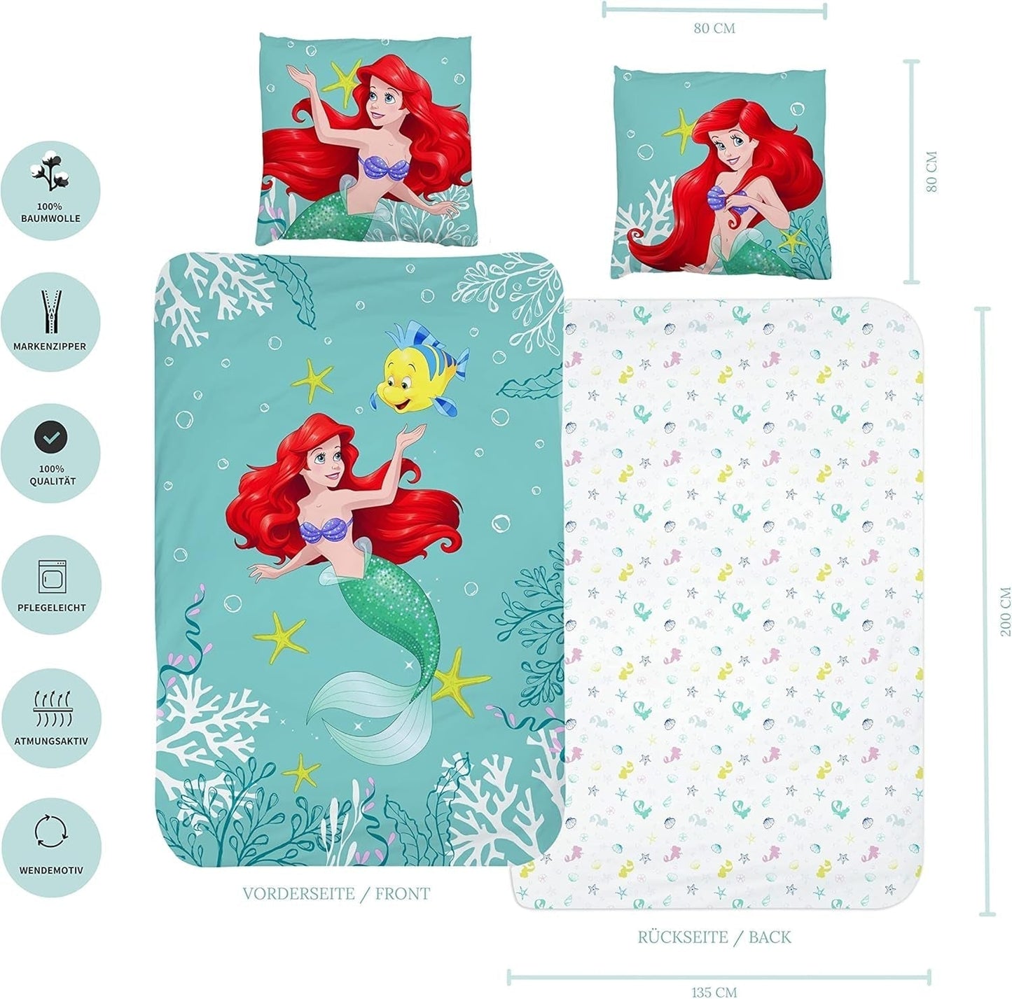 Arielle Meerjungfrau Bettbezug Bettbezug 135X200 80X80 Baumwolle · Kinderbettwäsche Für Mädchen Disney Prinzessin Zeemeermin · 2 Teilig Naty Shop
