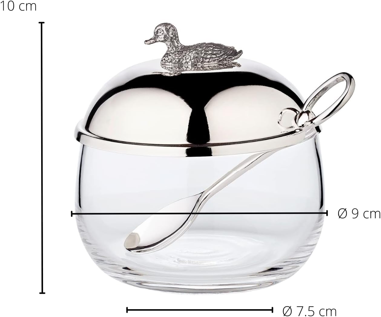 EDZARD eendenjampot (Ø 10 cm) gemaakt van zilver en glas - Doos en lepel - Kom, suikerpot, kaas - Jampot met deksel, opbergruimte met deksel, geschenkdoos met slot