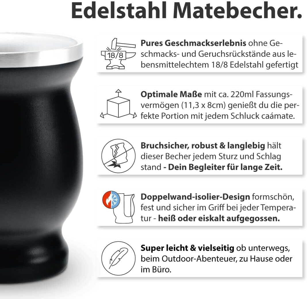 Mate Bio-theeservies ● 3 Mate-assortimenten + 2 dubbelwandige roestvrijstalen Mate-bekers + 2 bombilla's + zetinstructies (zwart)