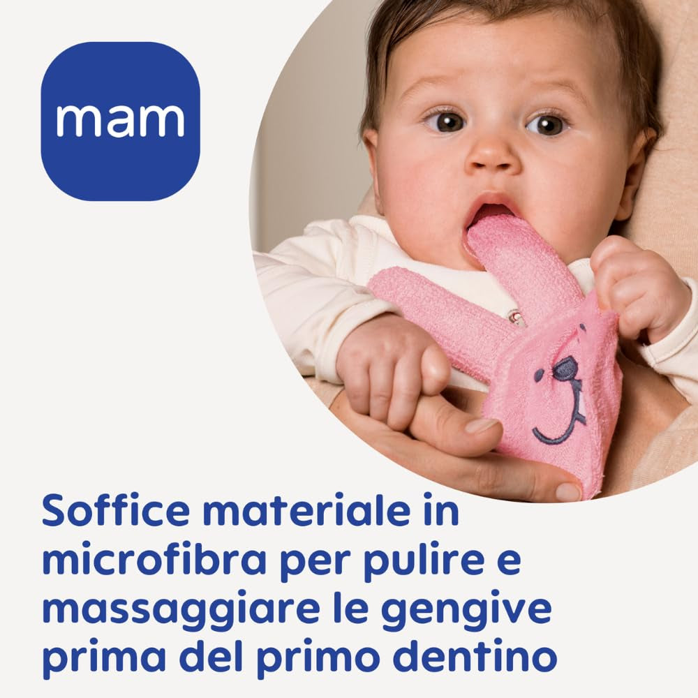 MAM Bijtring konijn, mondverzorgingshandschoen van microvezel, 0+ maanden, roze