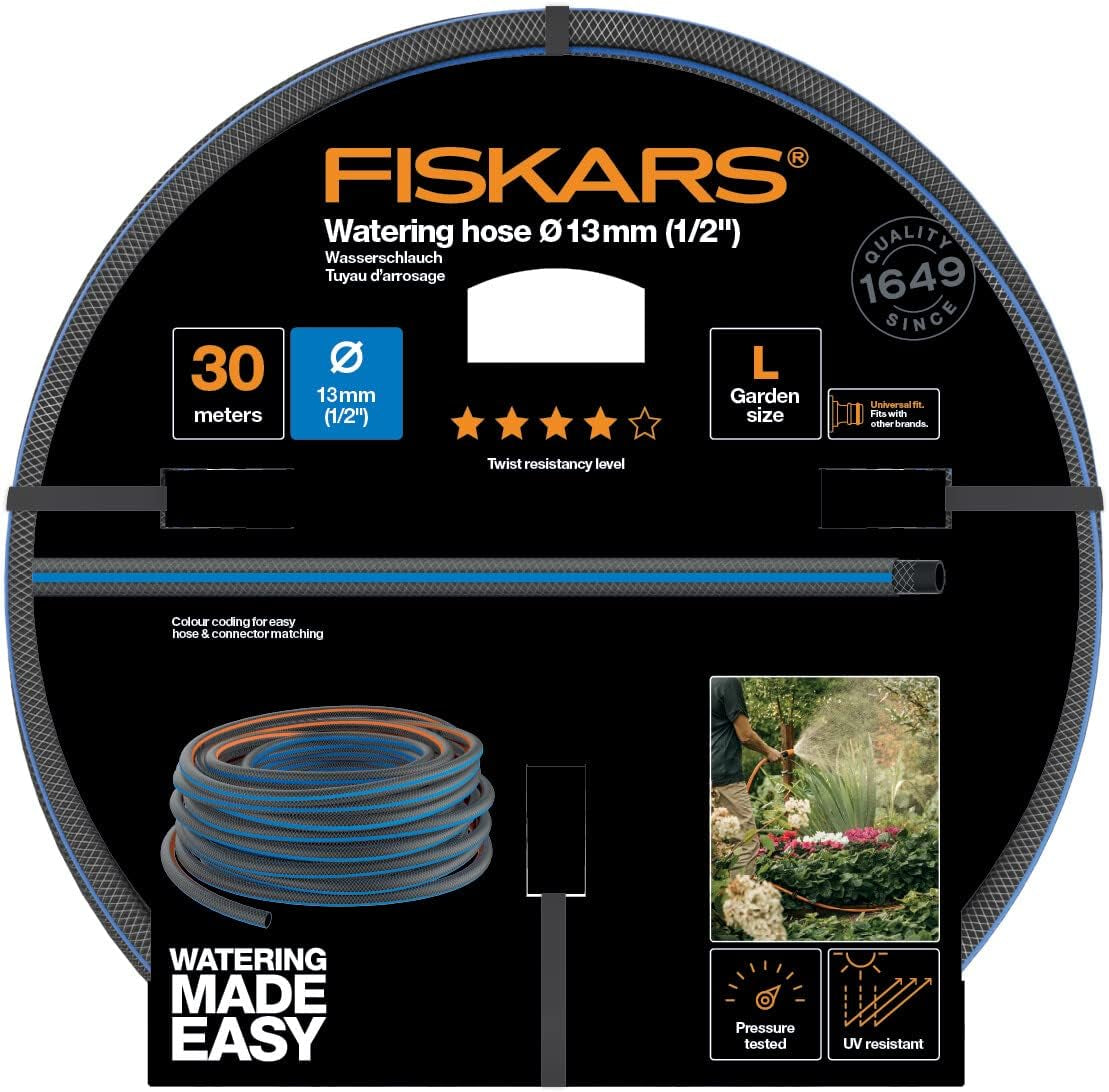 Fiskars L waterslang, UV-bescherming, drukgetest, torsiestijfheidsniveau 4 (van de 5), 30 m, Ø 1,3 cm (1/2"), 4,2 kg, zwart/oranje/blauw, 1027105