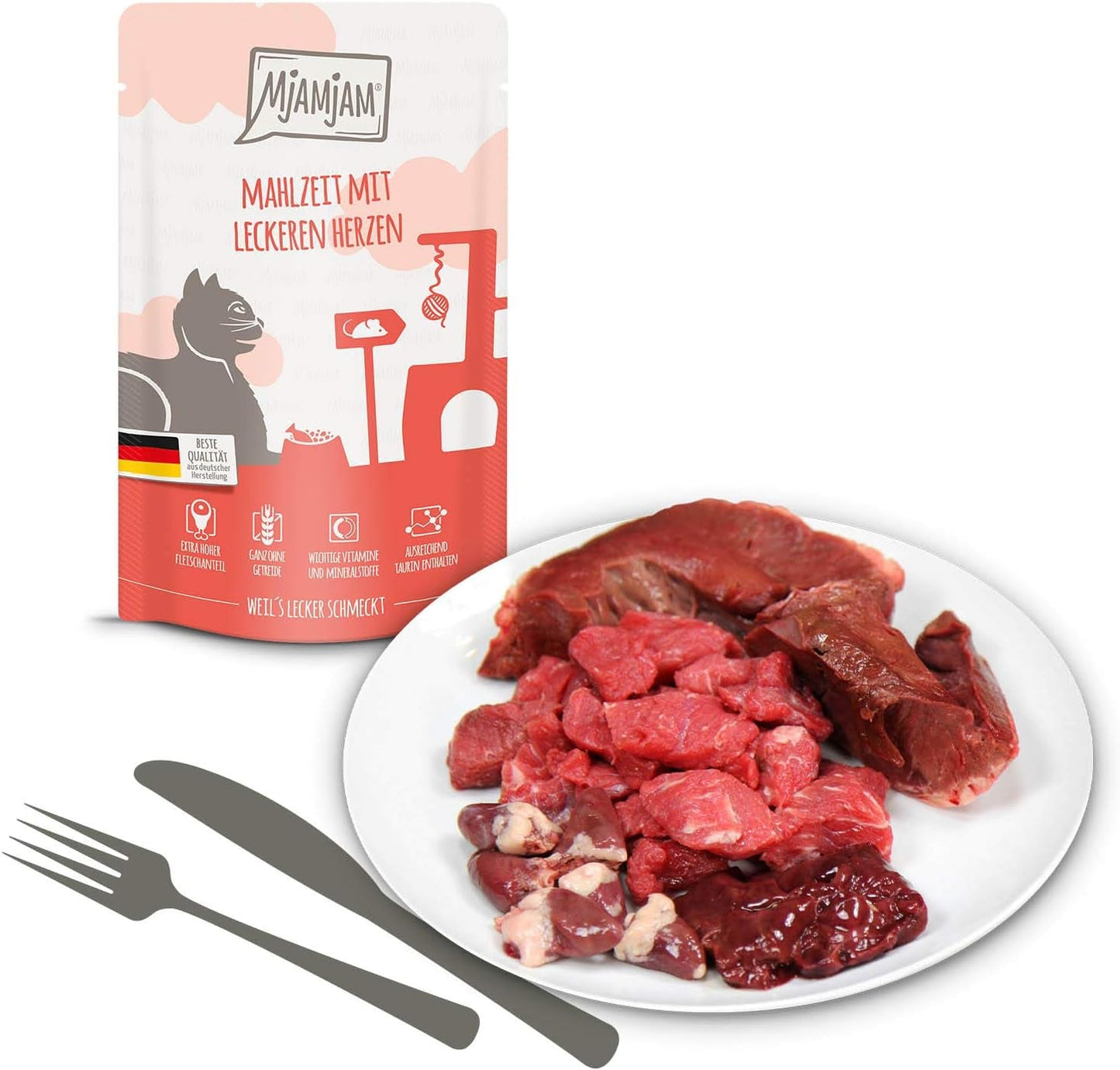 MjAMjAM - Premium natvoer voor katten - Gemengd pakket I - Kip, Rundvlees, Harten, 12 stuks (12 x 125 g), graanvrij met extra vlees