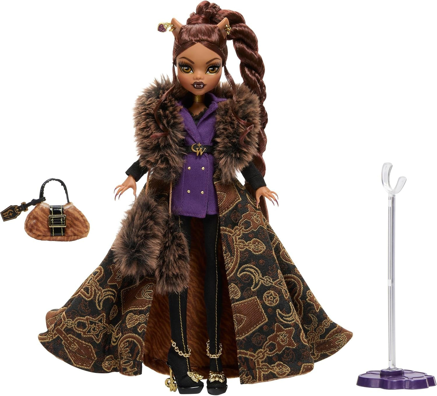 Monster High Doll House of Wolves Clawdeen Wolf verzamelfiguur met jacquard imitatiebontjas Paars jasje Jurk Gouden broek en accessoires JDR66