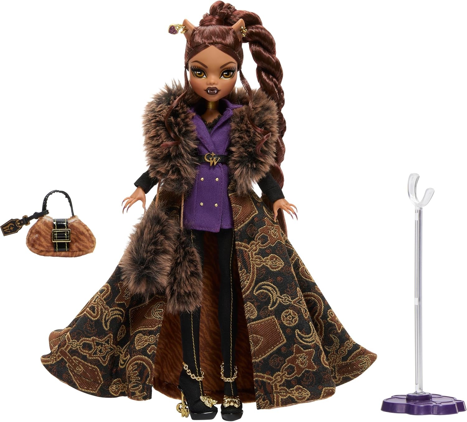 Monster High Doll House of Wolves Clawdeen Wolf verzamelfiguur met jacquard imitatiebontjas Paars jasje Jurk Gouden broek en accessoires JDR66