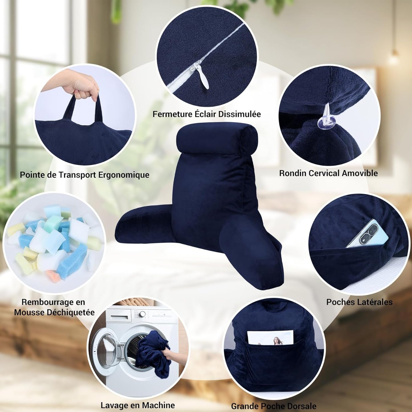 INFANZIA leeskussen met armleuningen, traagschuim, ergonomische ondersteuning voor bank en bed, marineblauw