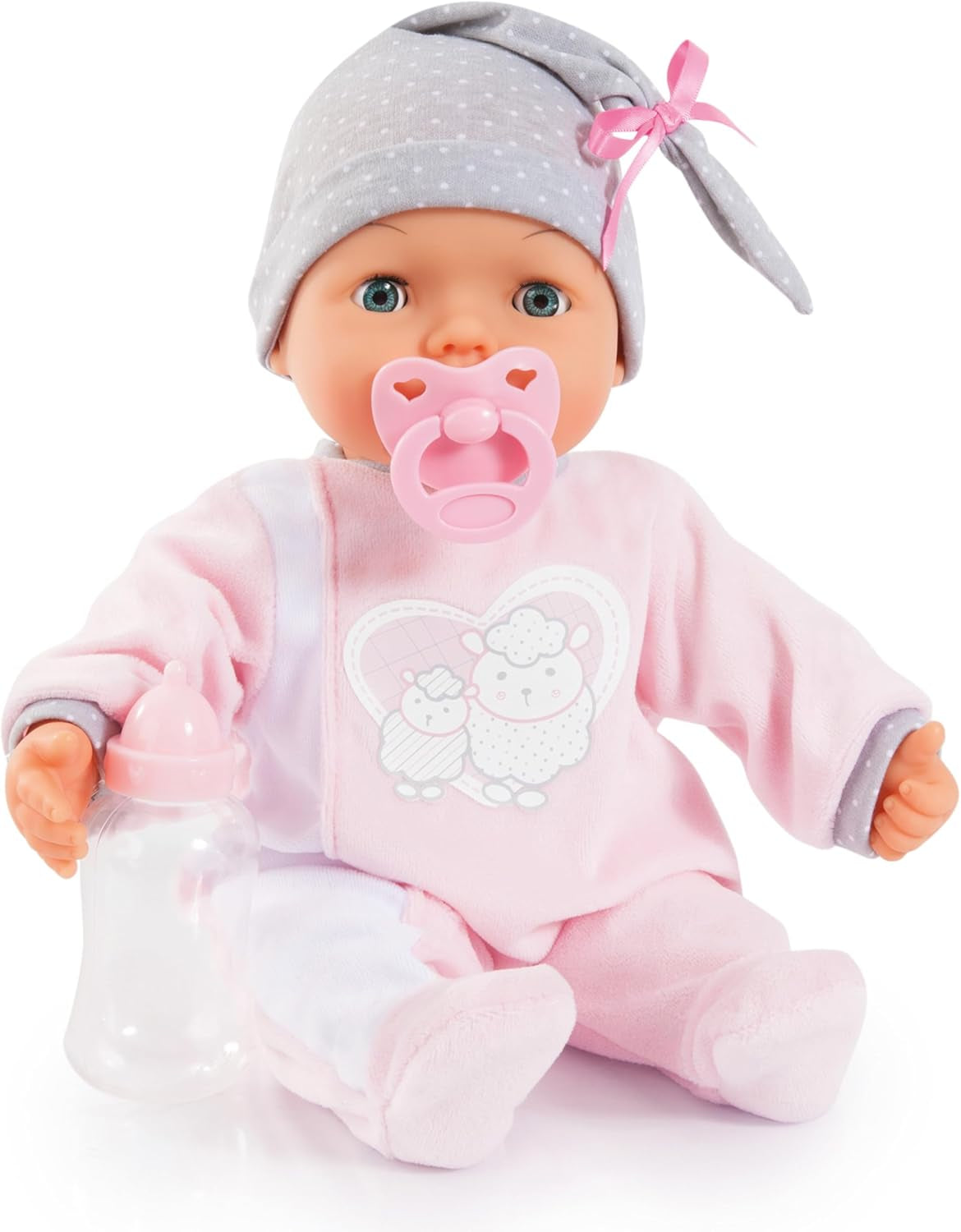 Bayer Design 93829AA My Piccolina interactieve pop met functie, Pratende pop, Beweegt mond, 38 cm, Fopspeen, Babyfles, Roze, Grijs