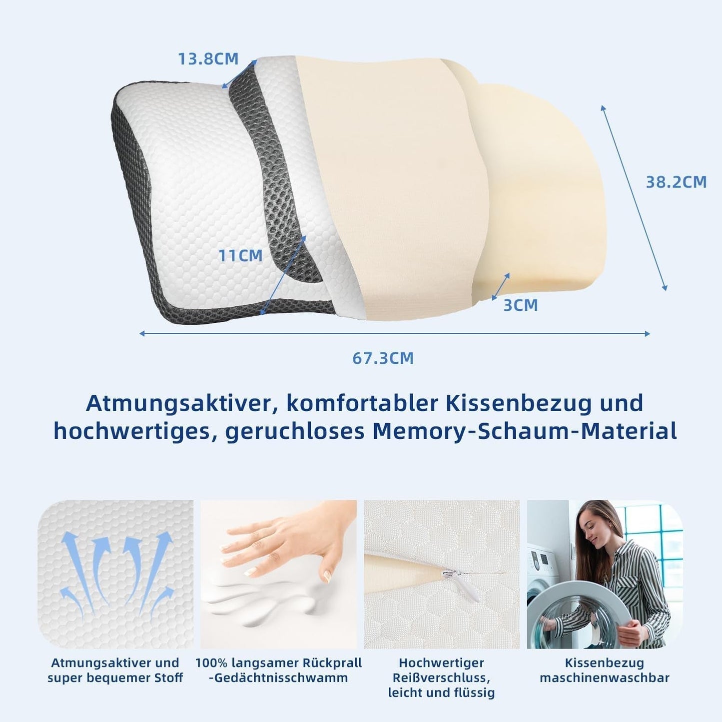 Orthopedisch kussen, ergonomisch nekkussen, hoofdkussen, origineel traagschuimkussen voor zijkanten, rug- en maagondersteuning, neksteunkussen voor mannen, vrouwen (67,3 x 38,2 x 13,8/3 cm) Cervicale orthopedische kussens Naty Shop