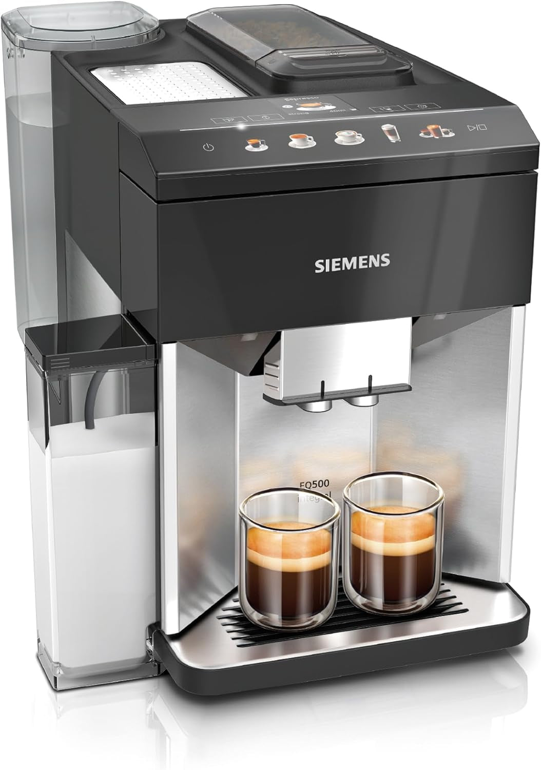 Siemens EQ500 volautomatische espressomachine TQ513D01, vele koffiespecialiteiten, melkopschuimer, geïntegreerd melkreservoir, automatische stoomreiniging, 1500 W, natuurlijk licht zilver/pianozwart