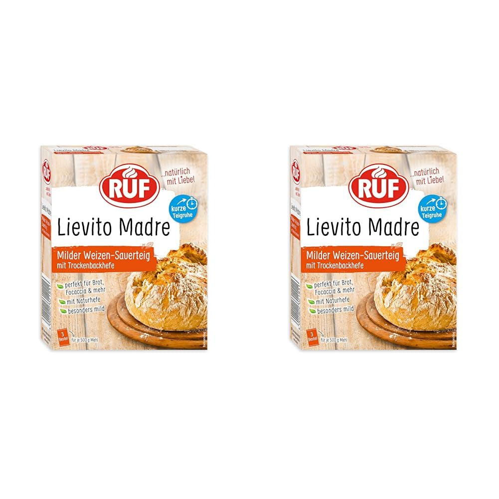 RUF Lievito Madre Sauerteig, Milder Weizen-Sauerteig, Mutterteig, Kurze Teigruhe Durch Enthaltene Trockenhefe, Lievito Madre Getrocknet Für Brot, Baguette, Focaccia, 3X35G Mengsel voor bakken en koken Naty Shop 35 G (6Er Pack) Kurze Teigruhe