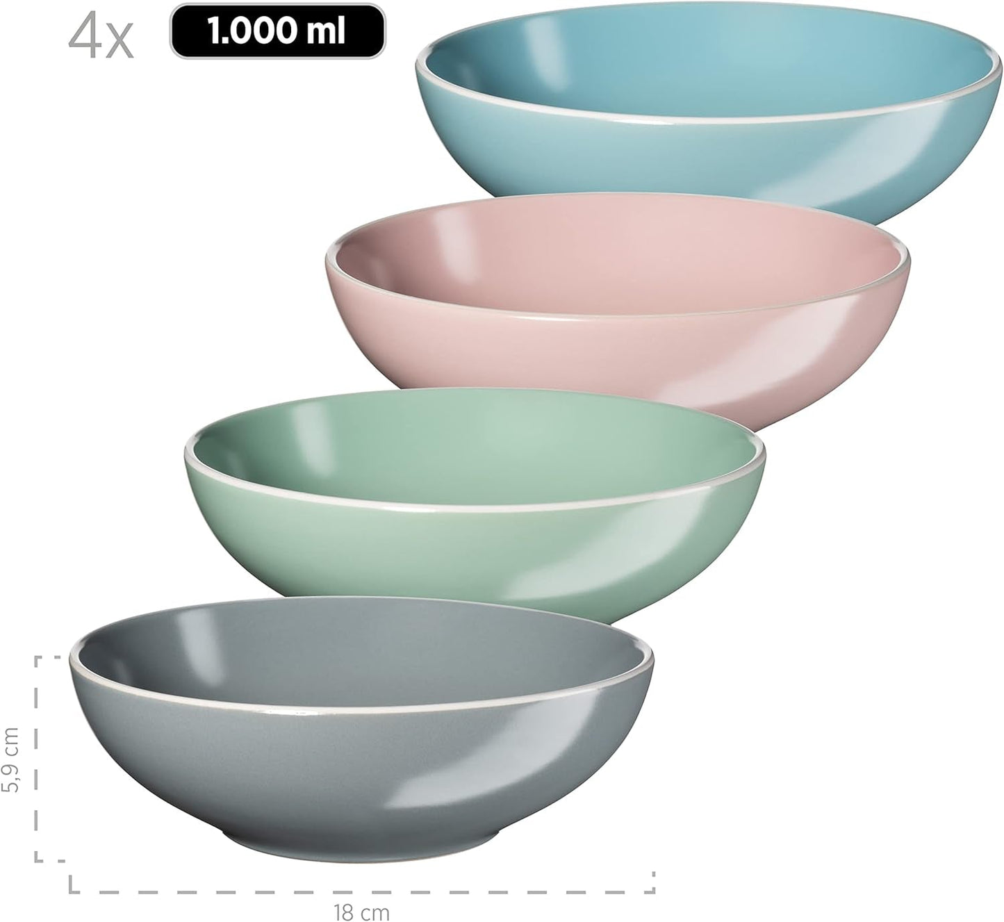 MÄSER 934006 Elissa-serie, moderne serviesset voor 4 in gekleurde matte glazuren met witte rand, 16-delige combinatieset, steengoed, veelkleurig, grijs, turkoois, roze, groen