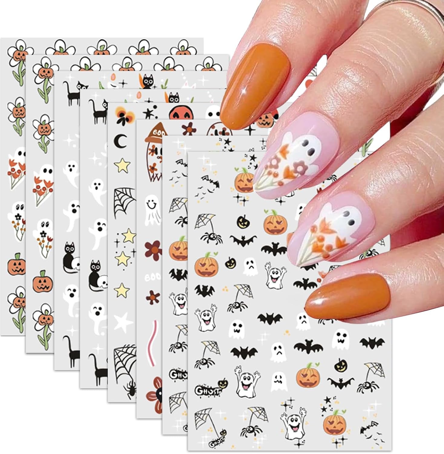 Nagelsticker Halloween, 8 Blätter Halloween Nagelsticker, Kürbis Nagelsticker, Nail Art, Nagel Charms, Nagel Zubehör, Nageldesign, Kerstmis (Typ A)
