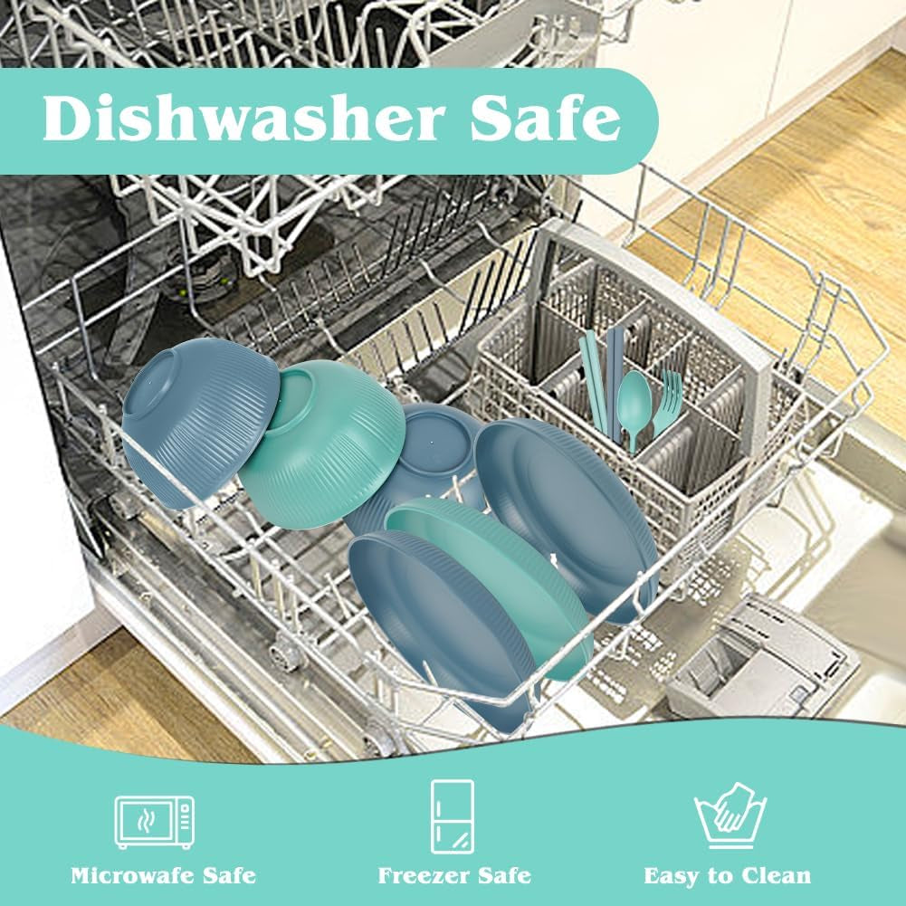 53-delig 4-persoons campingservies, onverwoestbaar 4-persoons campingservies, lichtgewicht plastic servies met draagtas, stapelbare borden en schalen, BBQ-tuin-picknickservies