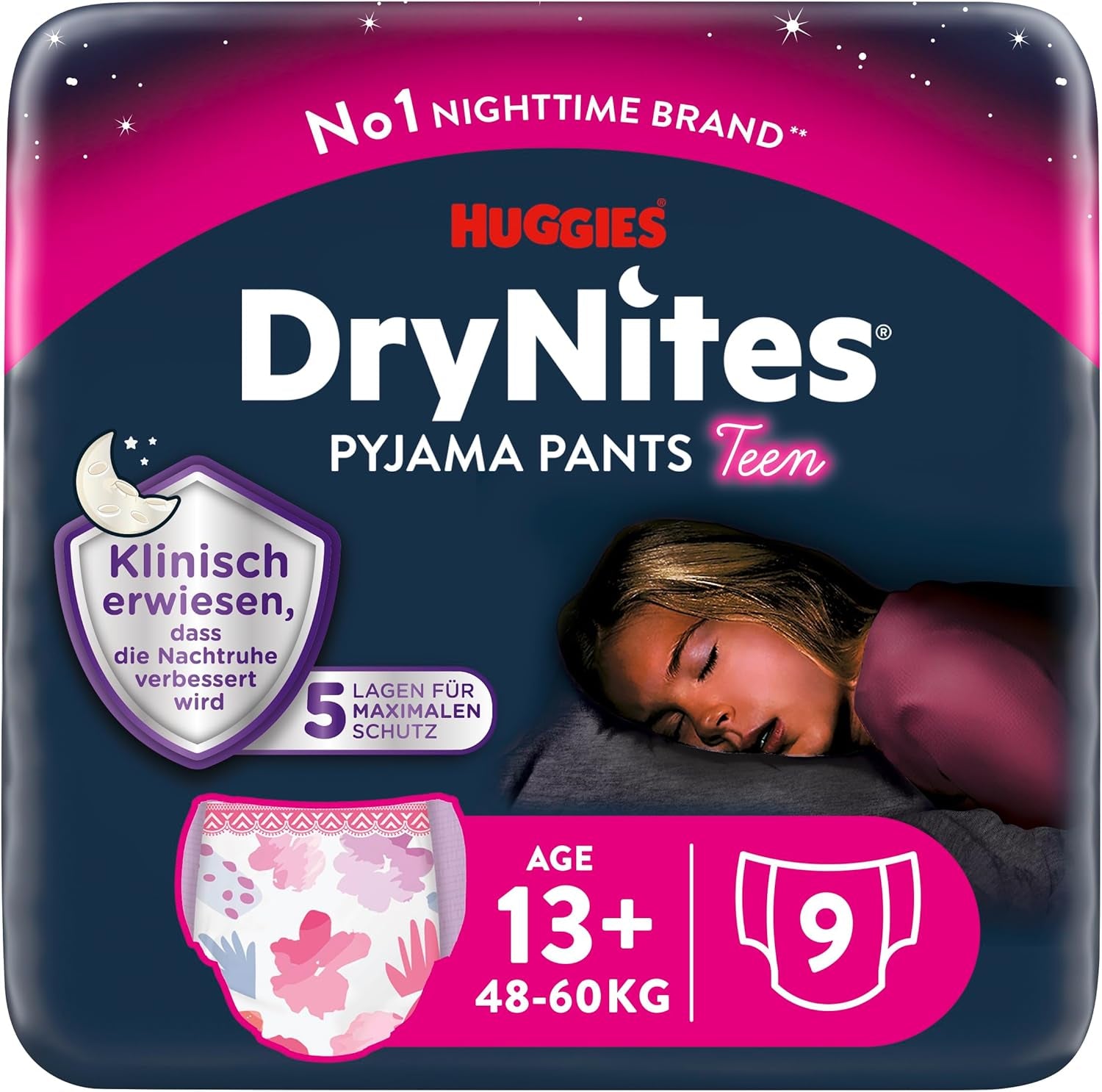 Huggies DryNites Nachtelijke bedplasluiers voor meisjes van 13 tot ongeveer 17 jaar (48-60 kg) Maandpakket van 27 stuks (3x9) Pantyluiers