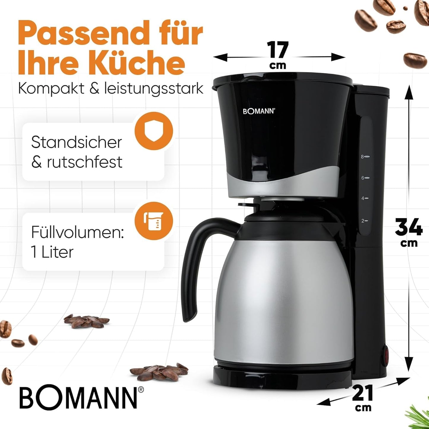 Bomann® koffiezetapparaat met thermoskan | voor 8-10 koppen koffie | zonder temperatuurverlies | koffiezetapparaat met filter | 1 liter | Espresso | Filterkoffiezetapparaat met thermoskan | KA 168 zwart