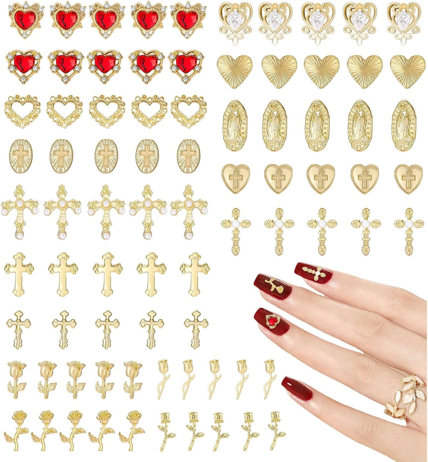 Gouden nagelbedels 80 stuks kruis roos hart Maagd Maria nagel edelstenen metaallegering nagelaccessoires voor manicure ontwerp decoraties doe-het-zelf ambachten