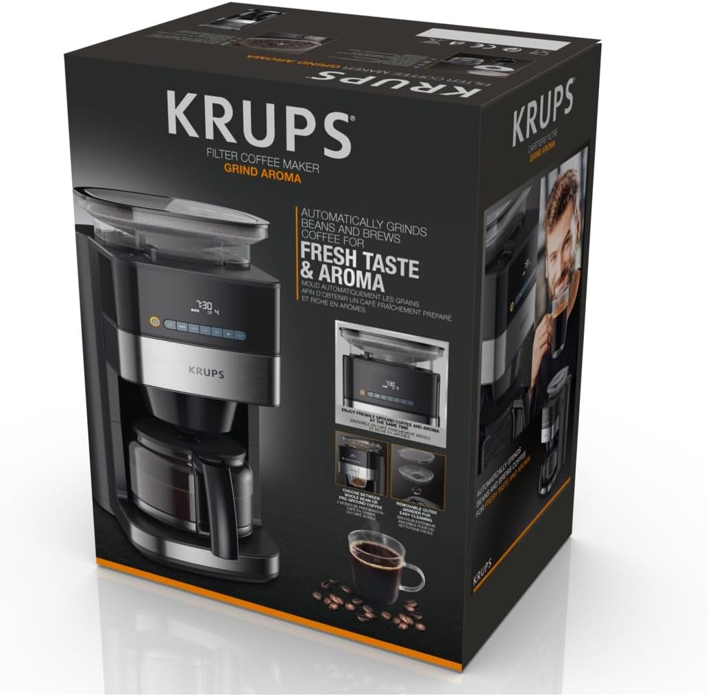 Krups Espressomachine KM8328 Malen met Grinder | 24-uurstimer | Graancontainer 180 g | Capaciteit 1,25 l voor maximaal 15 koppen koffie | Automatische uitschakelfunctie | 3 maalstanden | Zwart