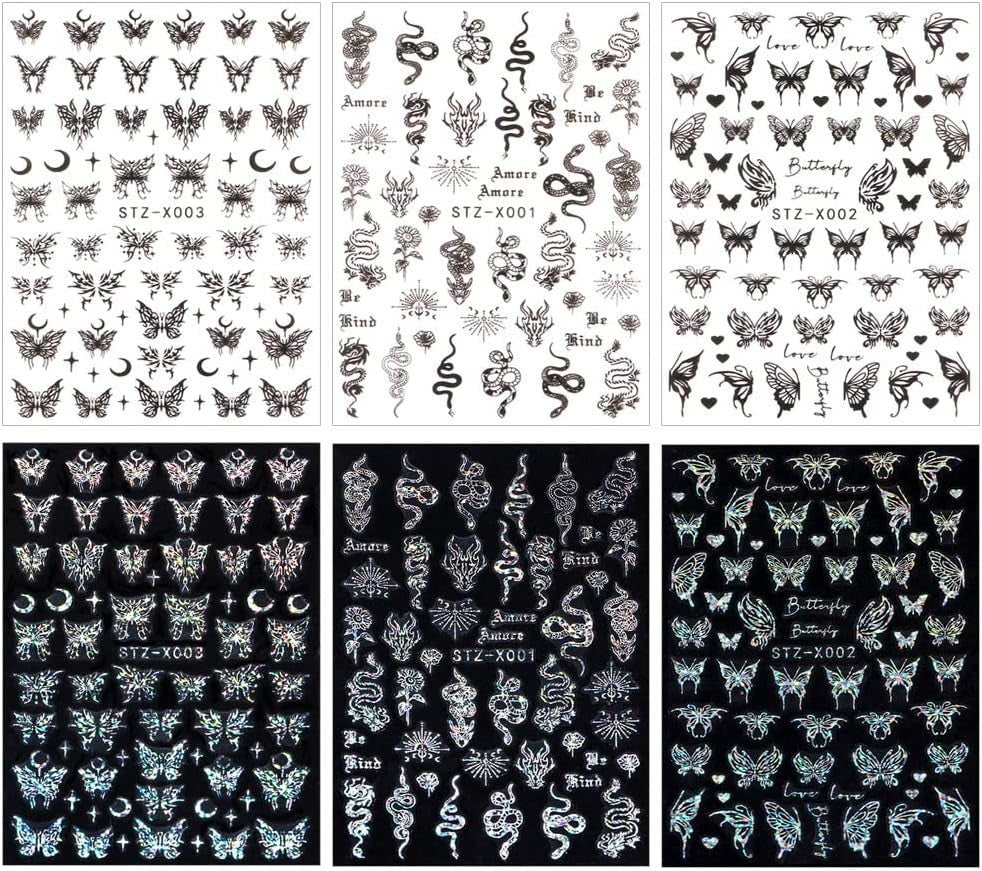 6 Blatt Schmetterling Nagelsticker Selbstklebend Laser Zilver Schmetterlings Nagelaufkleber 3D Aurora Silber Schwarz Schmetterlinge Nagelstickers Frühling Nageldesign Nagelsticker Nail Art Zubehör