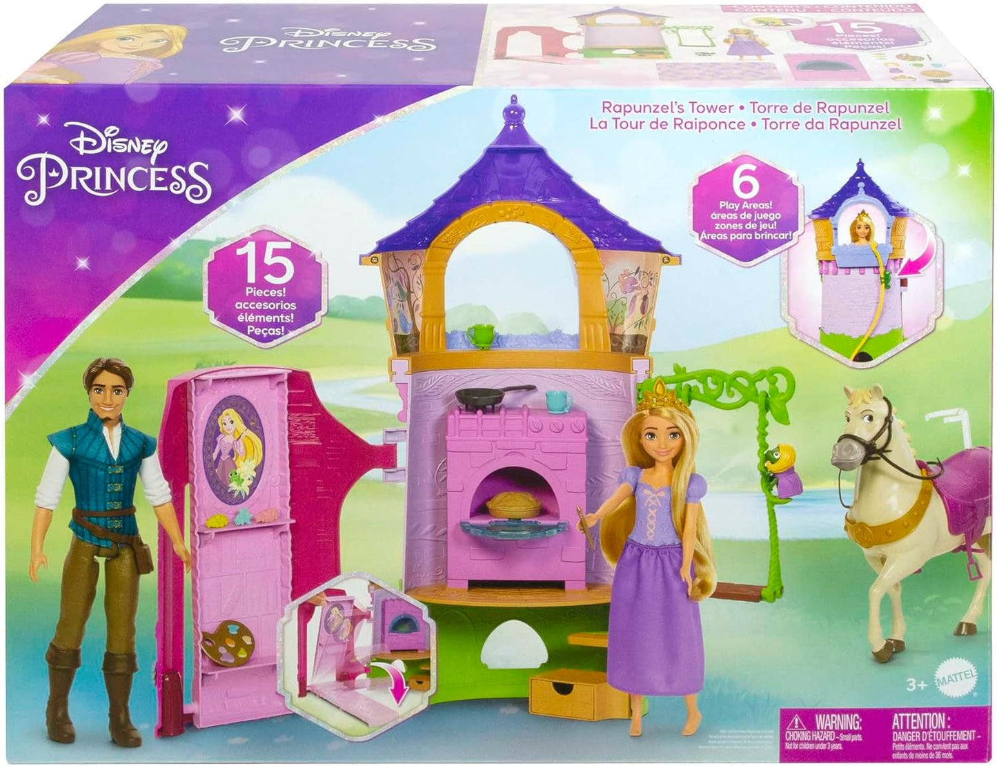 Disney Princess HMV99 - Rapunzel beweegbare pop en speeltoren met rondom plezier, 6 speelplekken en 15 accessoires, geïnspireerd op de Disney-film, speelgoed voor poppen van 3 jaar oud Naty Shop Dolls