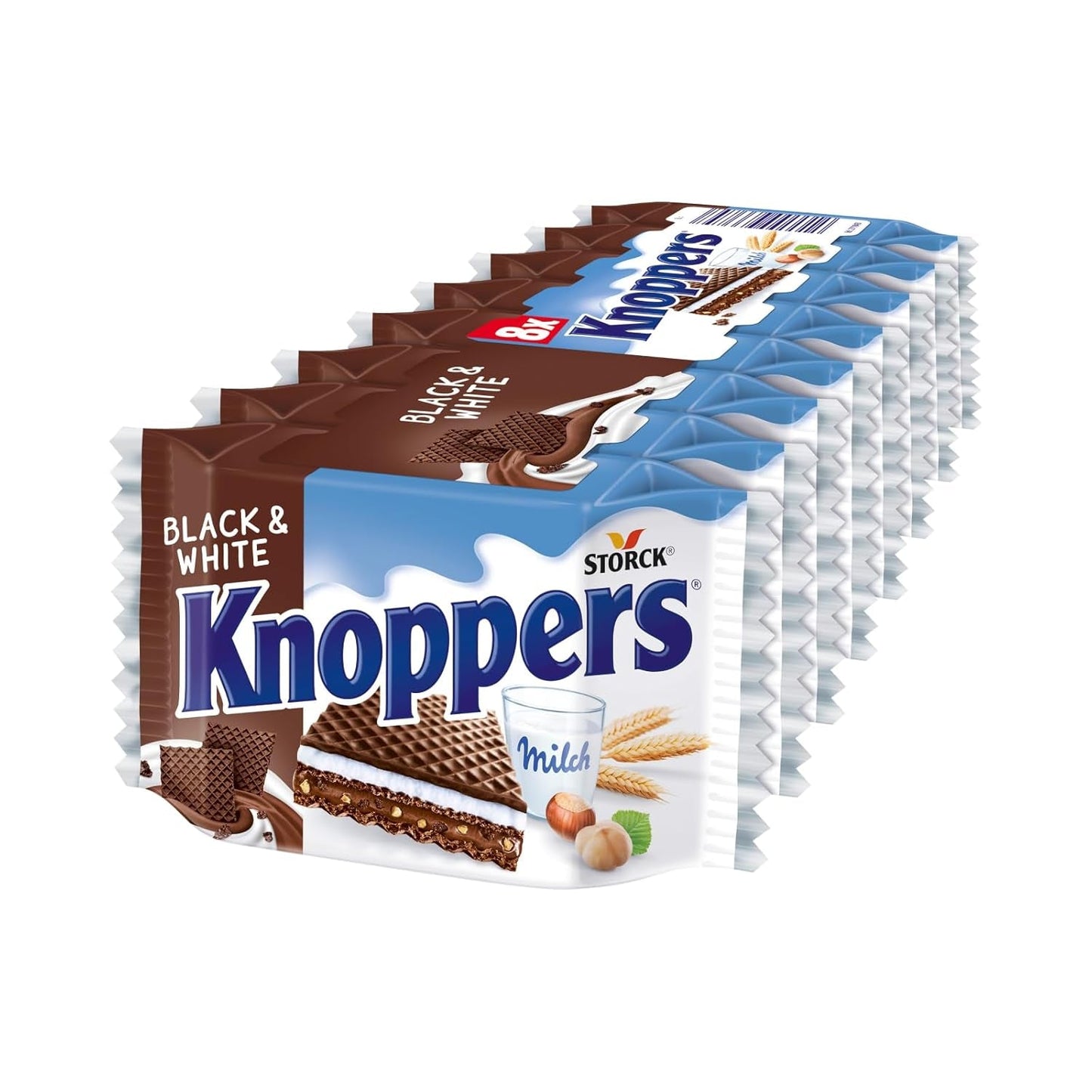Witte en Zwarte Knoppers – 8 x 25 g – Wafelschijfjes gevuld met donkere cacaowafels, stukjes zwarte koekjes, melk en nougatcrème