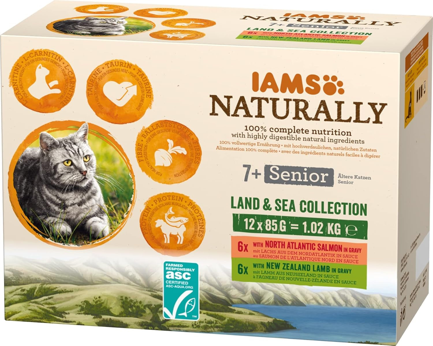 IAMS Naturally Senior Natvoer in saus - Hoogwaardig vlees- en visnatvoer voor oudere katten, Land & Sea Collection, 12 x 85 g
