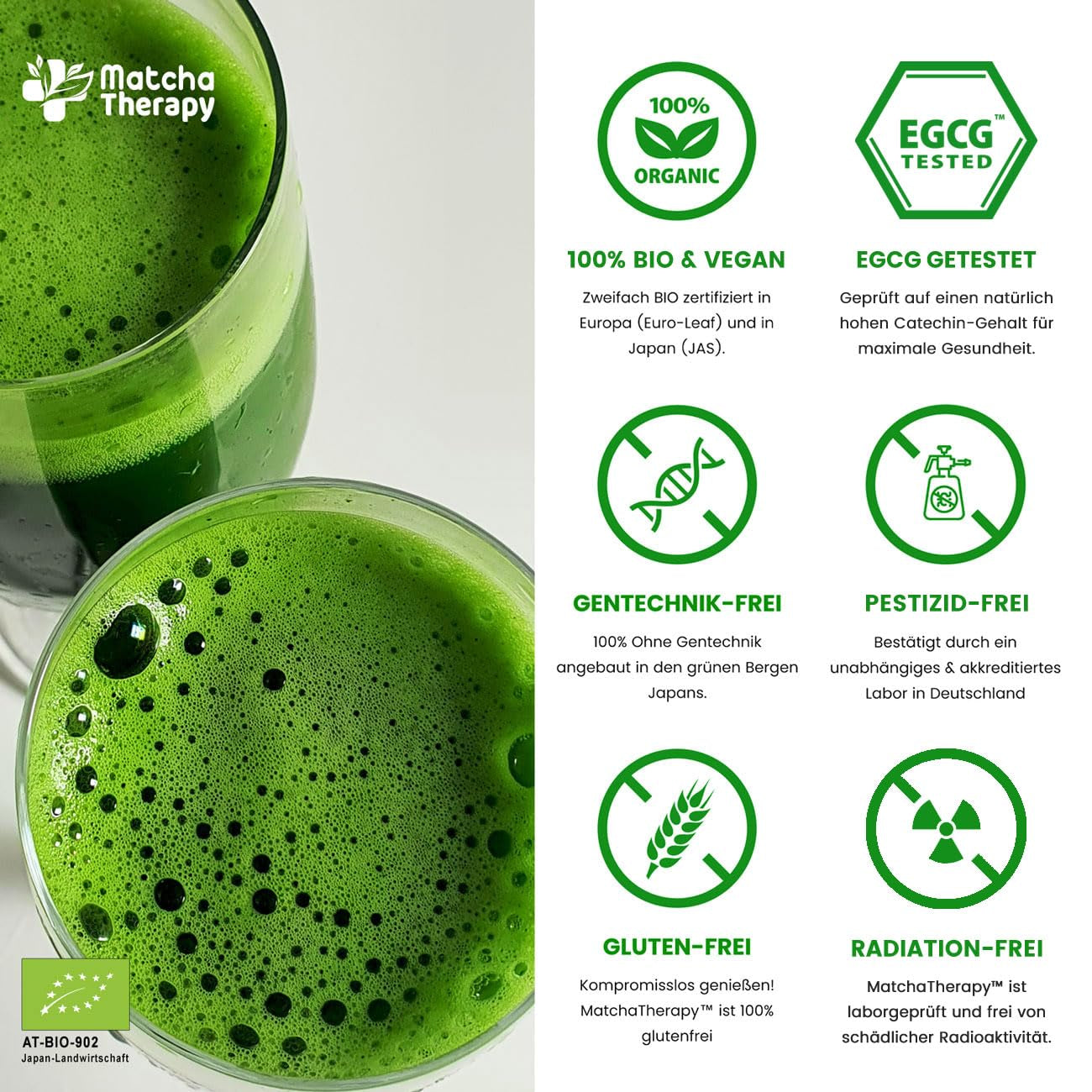 Matchatherapie 30+ | Biologische Matcha-theepoeder | 60 gram | Met een geverifieerd gehalte van minimaal 30 mg/g catechine EGCG | Ondersteunt het immuunsysteem en het energieniveau | Ceremoniële kwaliteit | Groene thee uit Japan