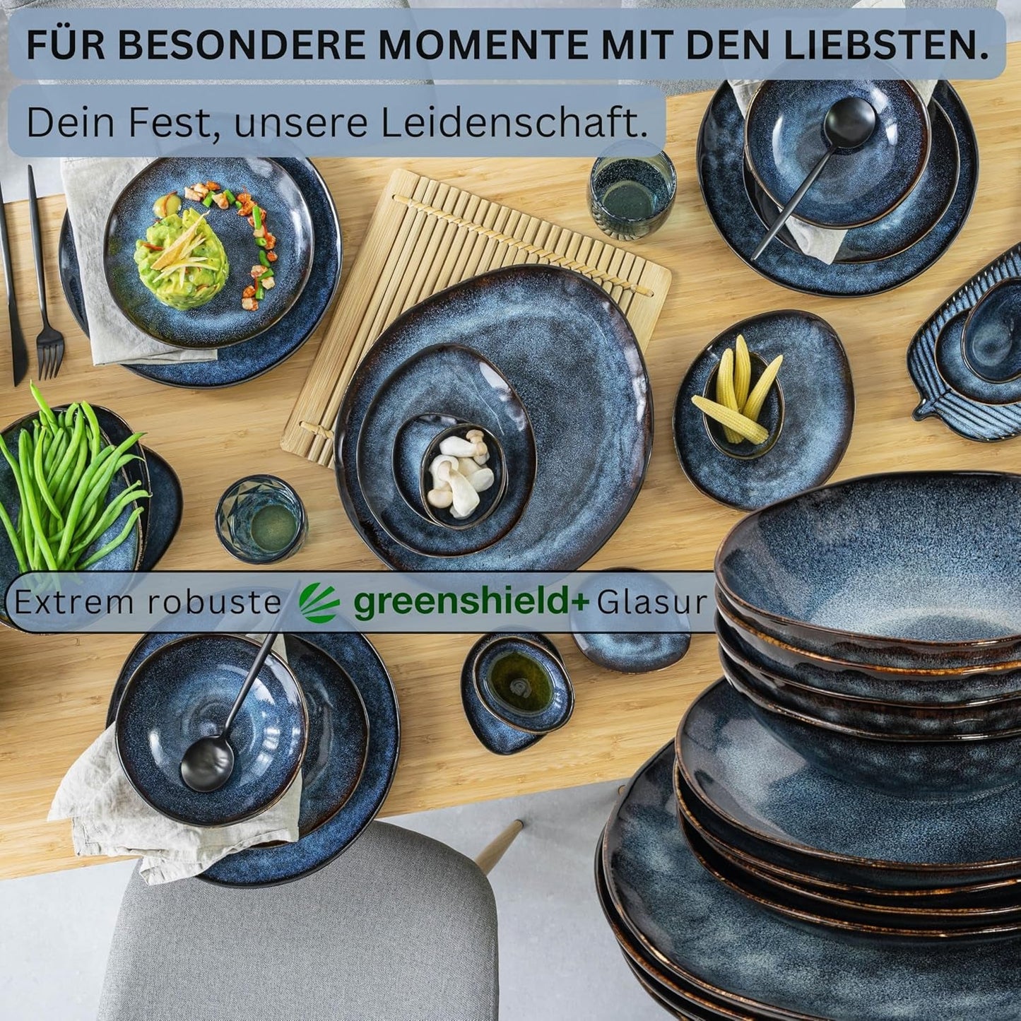 Zanger | Tokyo 36-delige serviesset 12-persoons porseleinen serviesset Modern handgemaakt donkerblauw servies met zwarte accenten | DE PREMIUM COLLECTIE