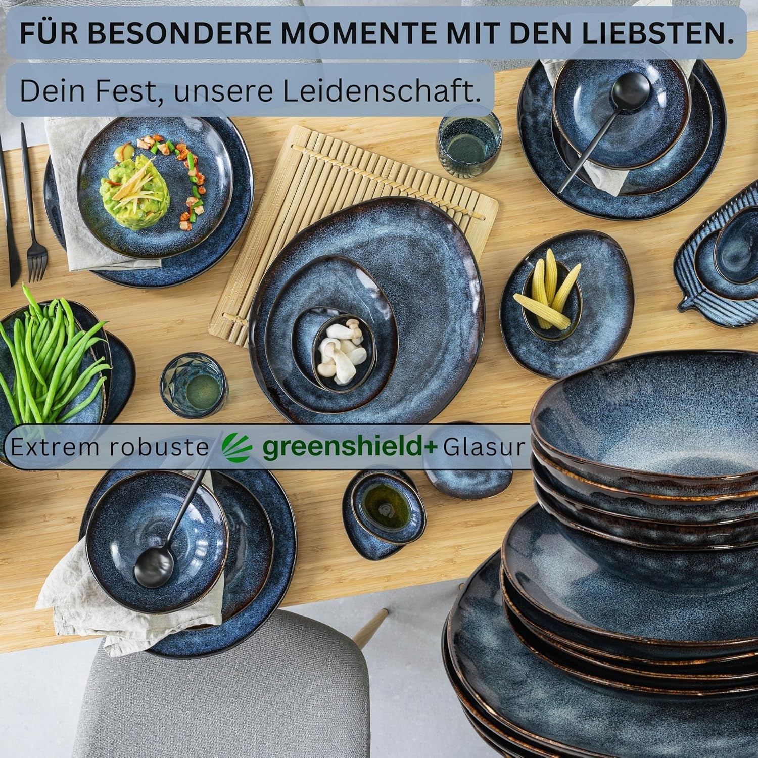 Zanger | Tokyo 36-delige serviesset 12-persoons porseleinen serviesset Modern handgemaakt donkerblauw servies met zwarte accenten | DE PREMIUM COLLECTIE