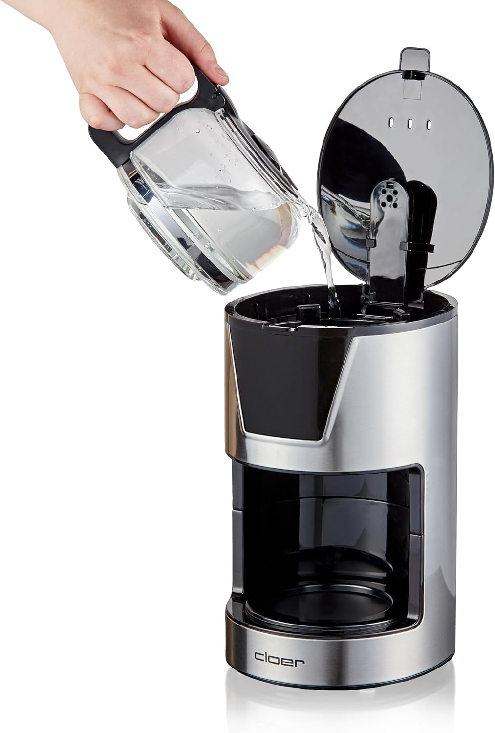 Cloer Filter-espressomachine voor 6 kopjes, zachte warmhoudfunctie, glazen karaf, maatlepel, waterniveau-indicator, antidruppelsysteem, automatische uitschakeling, filtermaat 1x2, 550W, roestvrij staal