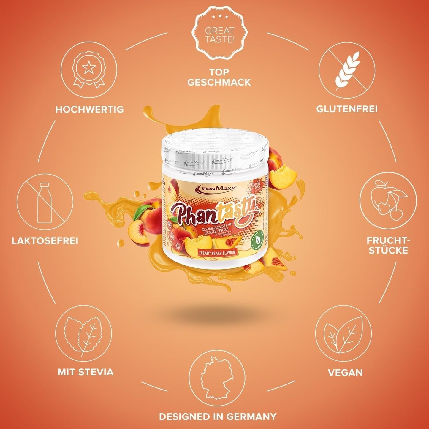 Ironmaxx Phantasty - Romige perzik 250G dosis | Veganistische Geschmackspulver Mit Echten Frucht- Oder Nussstückchen | Perfekter Zuckerersatz Zoetstoffen Naty Shop