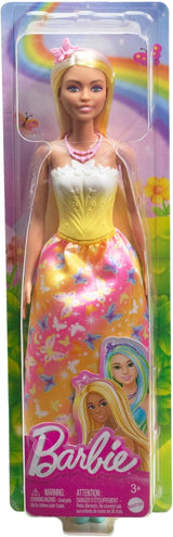 Koninklijke Barbie-pop met mooi haar met kleurrijke strengen, kleurrijke accessoires, gele top en vlinderrok, HRR09 Naty Shop-poppen