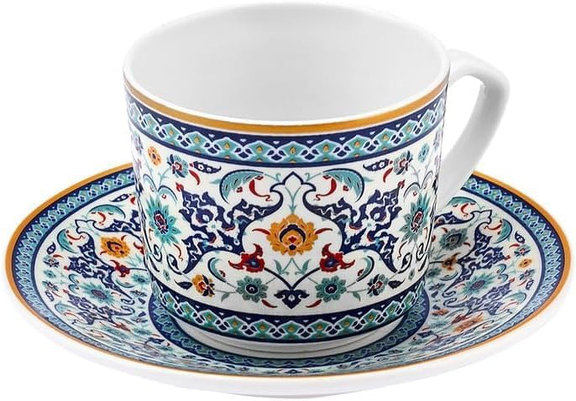 KARACA Beylerbeyi - 12-delige Turkse koffiekopjesset Porseleinen espressokopjesset van 6 met schotels 80ml espressokopjesset Traditioneel ontwerp - Blauw