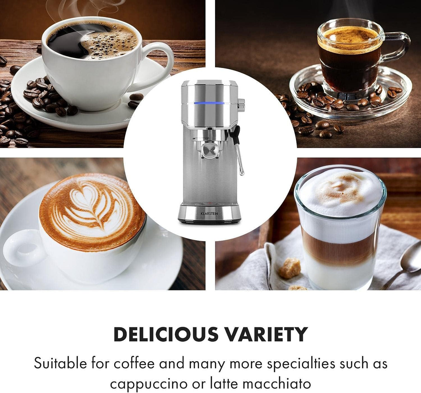 Klarstein Futura espressomachine, draagbare filter-espressomachine, 1450 W, 20 bar, Barista-kwaliteit, dubbele sproeier, doorstroomstop, draagbare filter-espressomachine, melkopschuimfunctie, zilver