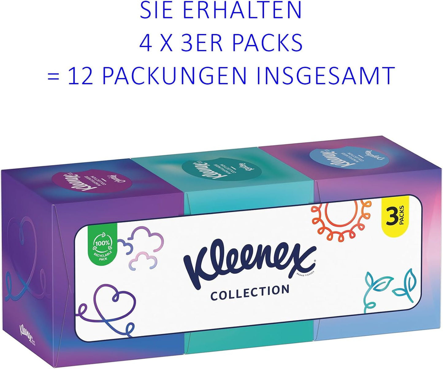 Kleenex cosmetische tissuedozen, dagelijks gebruik, 3-laags, verzamelkubus, 12 x 48 tissues