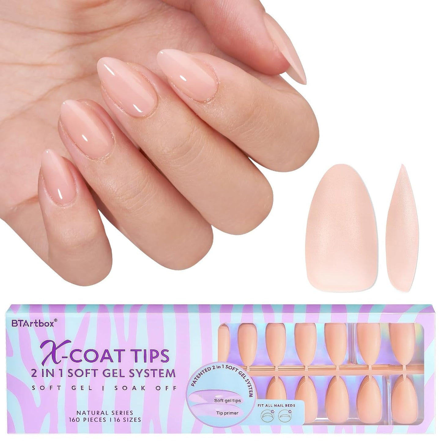 Btartbox Extra korte zachte gelnagels Volledige dekking Amandel korte nageltips 160 stuks Voorontworpen XCOATTIPS Kunstnagels Amandel korte nageltips voor nagelverlengingen