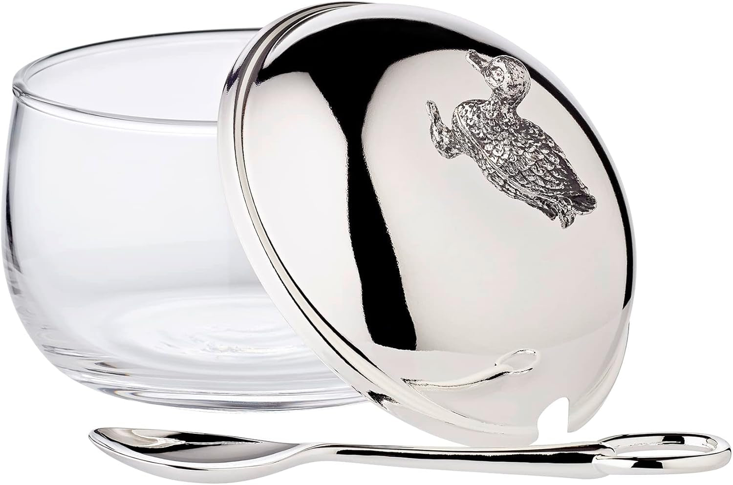 EDZARD eendenjampot (Ø 10 cm) gemaakt van zilver en glas - Doos en lepel - Kom, suikerpot, kaas - Jampot met deksel, opbergruimte met deksel, geschenkdoos met slot