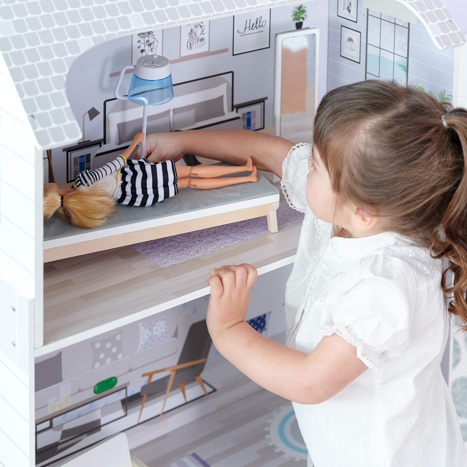 Teamson Kids Olivia's Little World gigantisch poppenhuis met meubels en accessoires, houten poppenhuis, 3-laags speelset voor poppen van 30 cm, vanaf 3 jaar