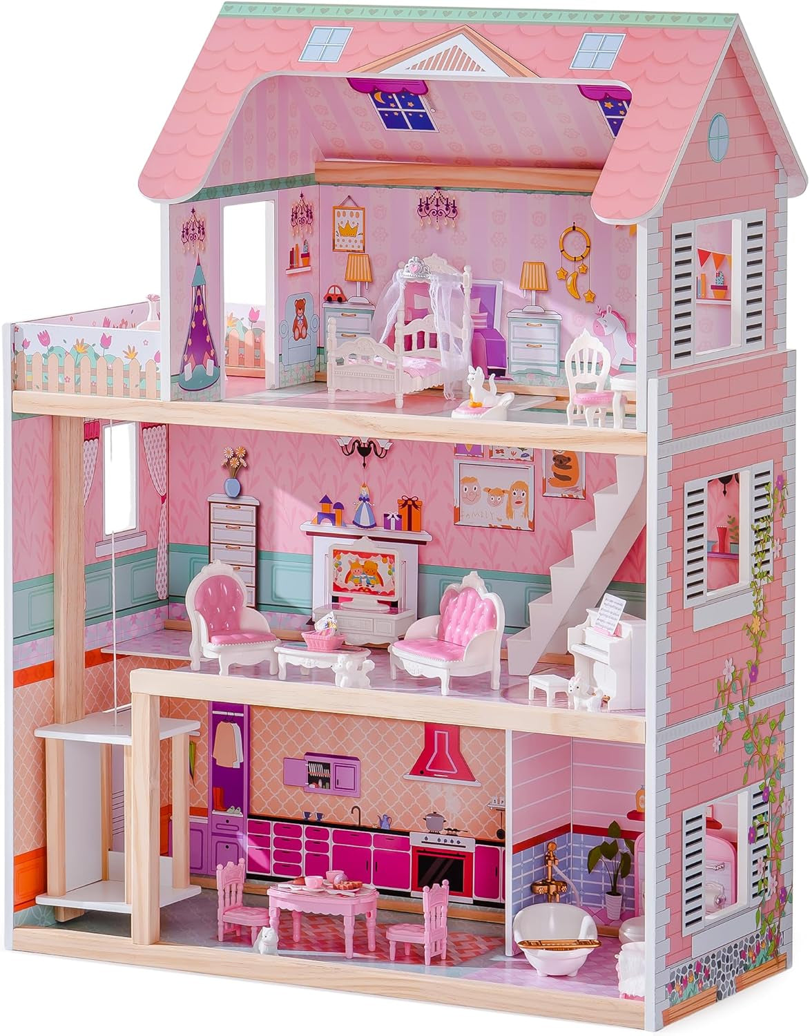 ROBUD Houten poppenhuis voor kinderen Poppenhuisspeelgoed Cadeau voor meisjes en jongens van 3 4 5 6 jaar oud