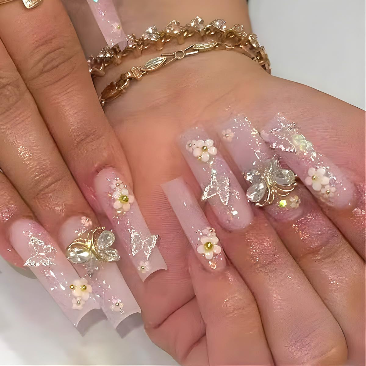 24 stuks lange druk op nagels doodskist kunstnagels vlinder bloem zelfklevende nagels wit bruin acryl nagel set nagel tips vrouwen lente zomer nagel accessoires