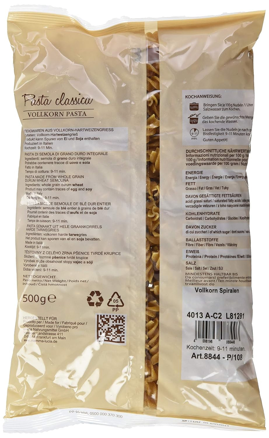 Volkorenpastaspiralen, verpakking van 10 (10 x 500 g)