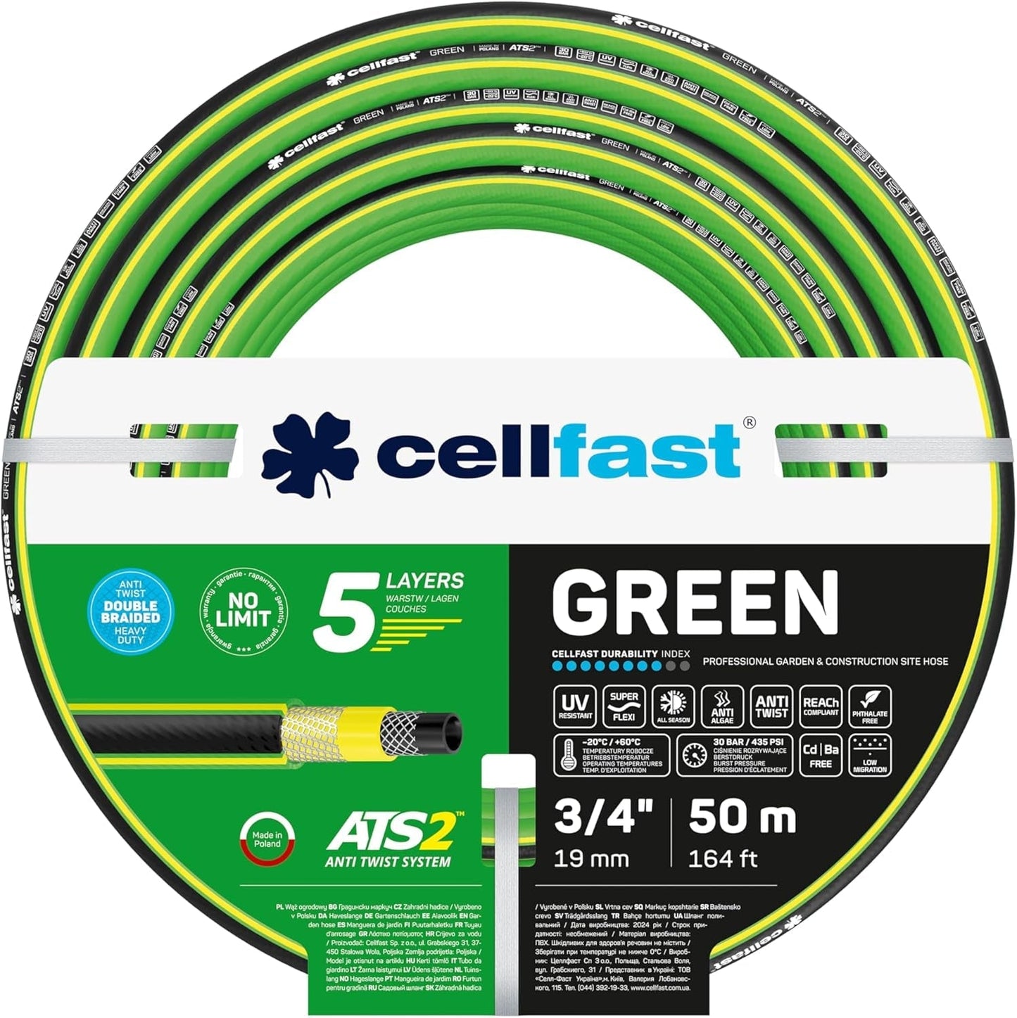 CELLFAST Tuinslang 5-laags waterslang dubbel gevlochten grensoverschrijdende irrigatieslang UV-bestendig anti-algen flexibel 30 bar 3,4 inch 50 meter groen